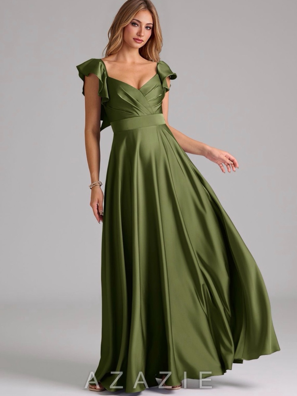 Azazie Olive Satin Flutter-Sleeve A-Line Gown
